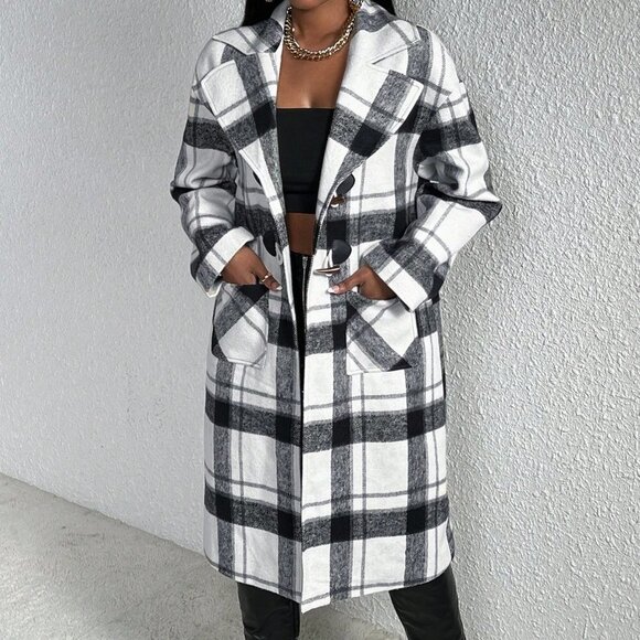 Plaid Print Drop Shoulder Overcoat Multicolor - Picture 4 of 6
